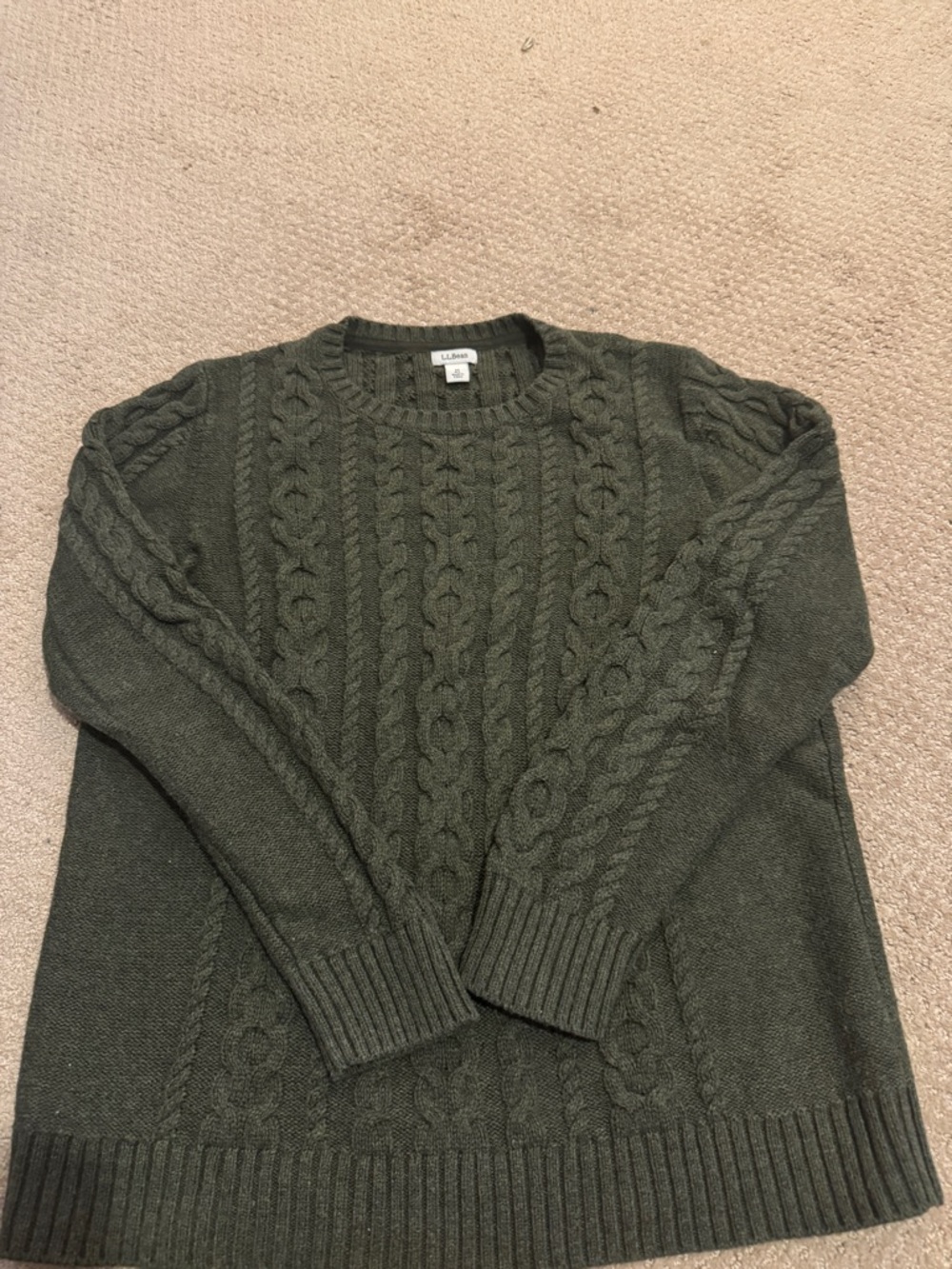 L.L. Bean Dark Olive Cable Crewneck Sweater